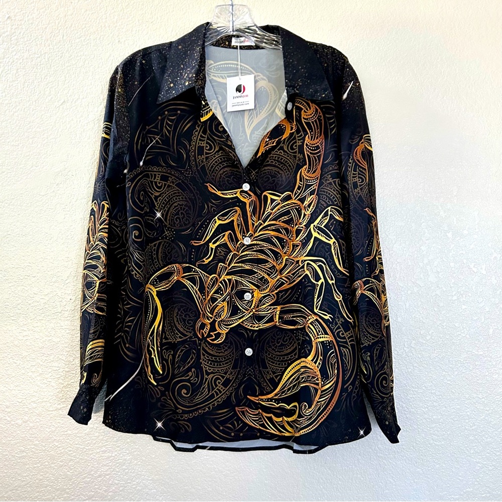 Jammy Job Gold Scorpion Black Tropical Print Button Down Blouse Shirt Size M